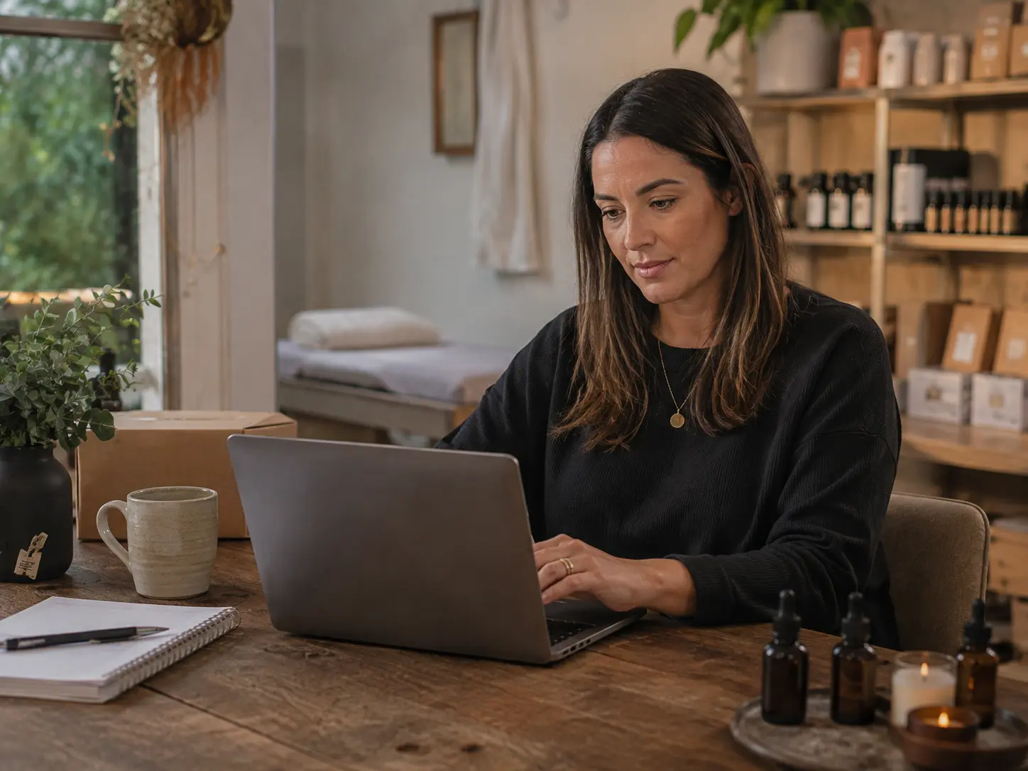 Business owner updating website content on a laptop, product shelf in soft focus behind them