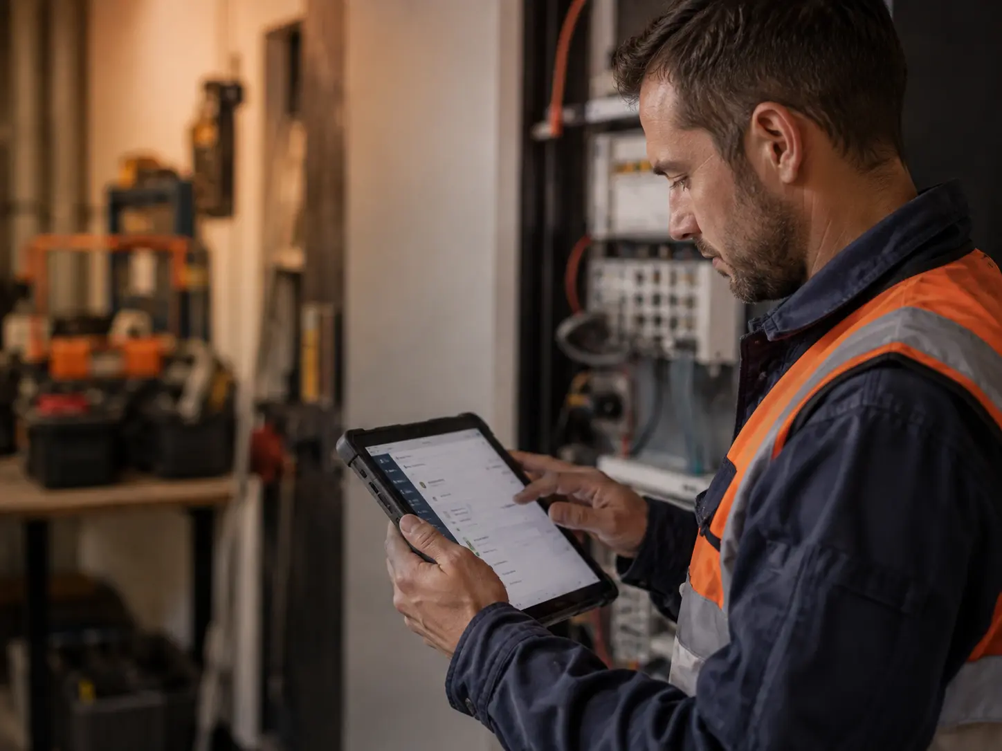 A tradesperson reviewing a licensing and compliance app prototype on a tablet, on site