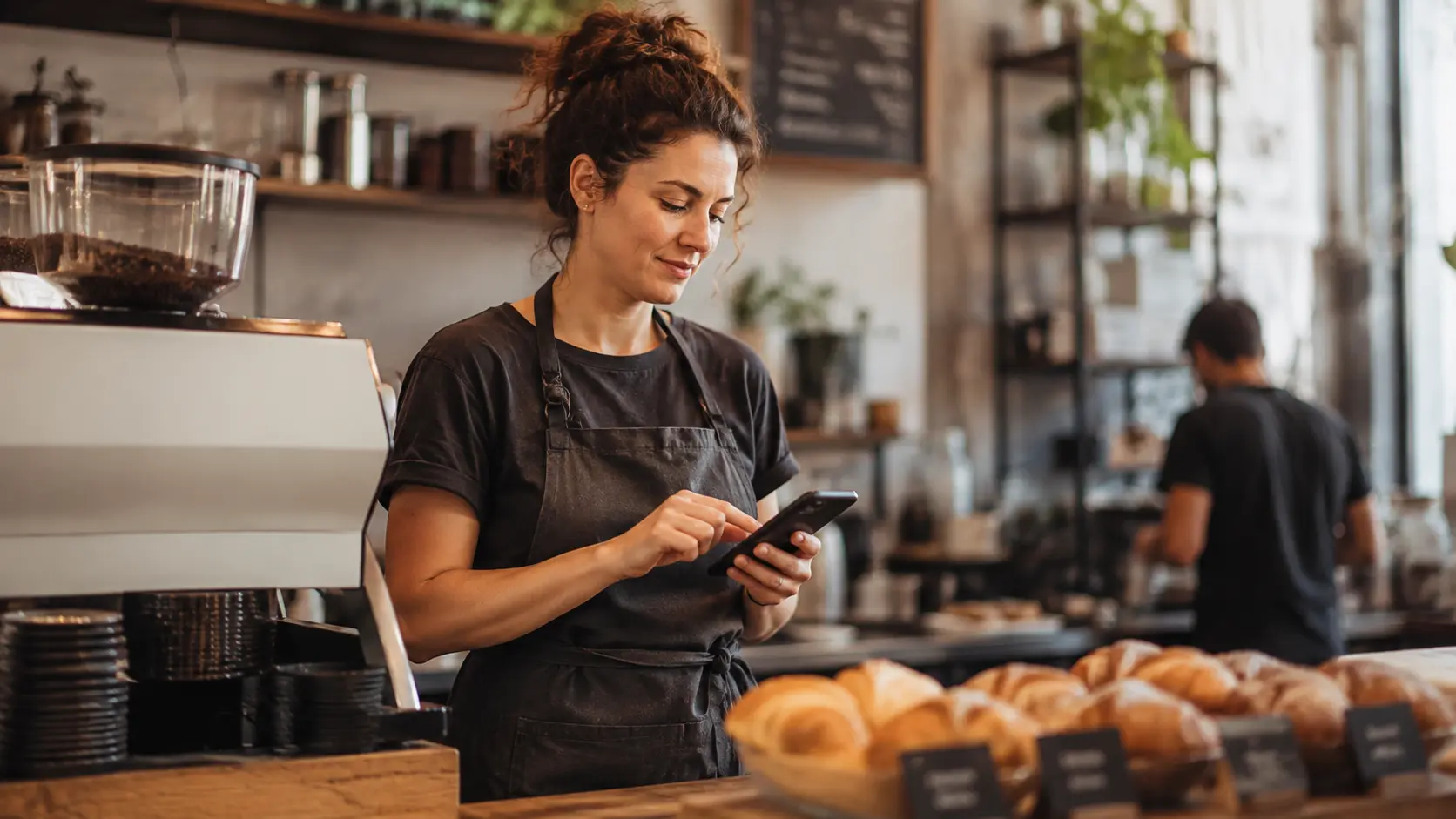 Café owner taking an order on a phone with batch brewers and a roaster in the background